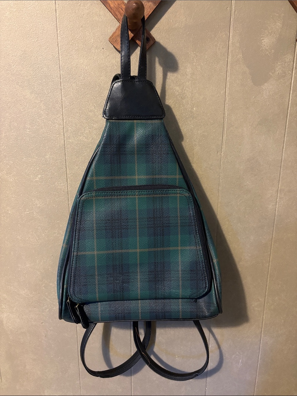 VILLAGER by Liz Claiborne Green Plaid Leather-Trim Sling Backpack